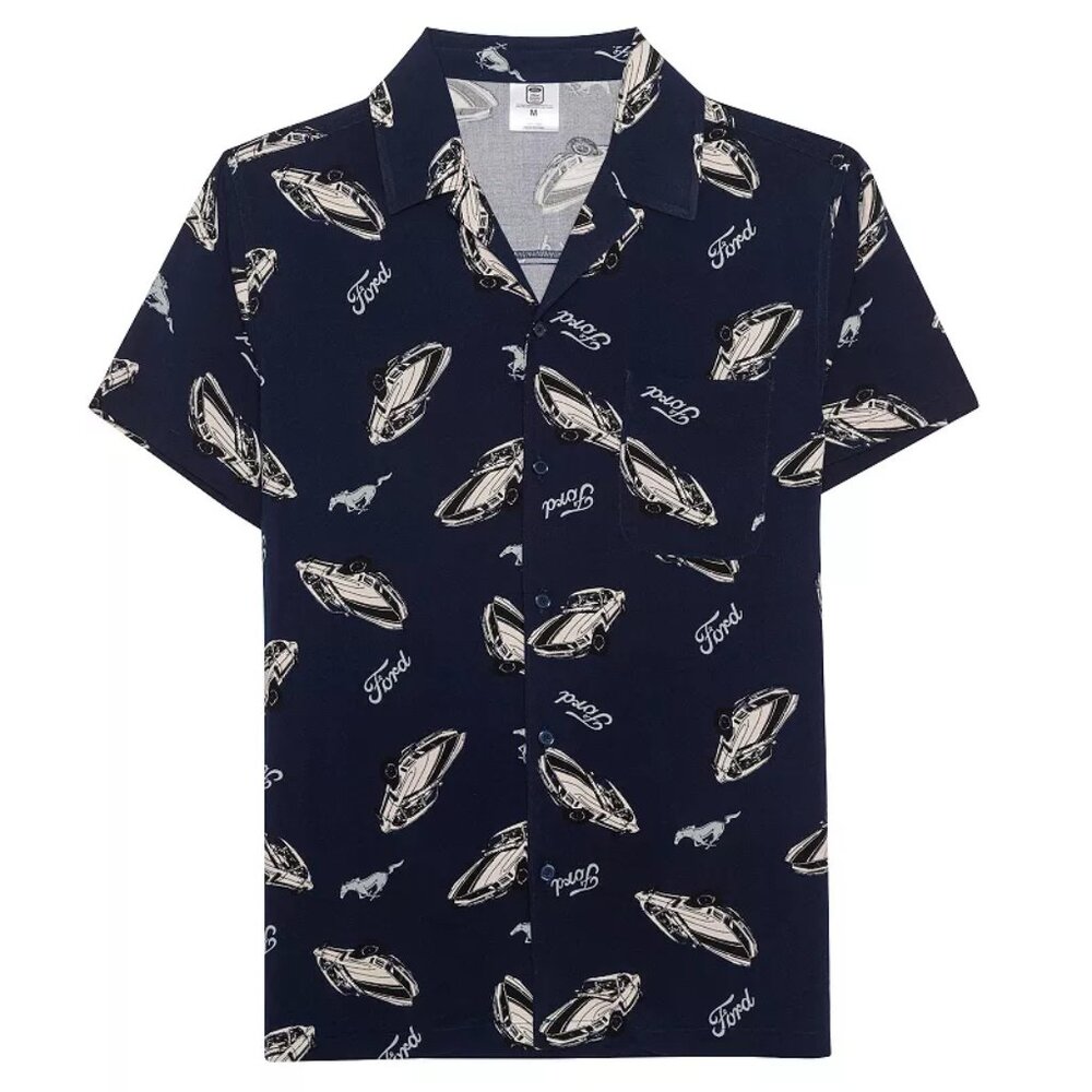 Men's Ford Mustang Blue Button Down Short Sleeve Top XXL New